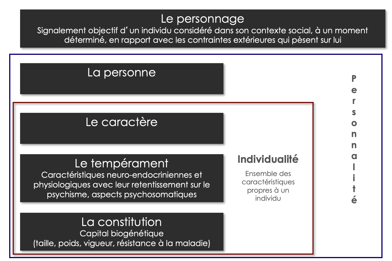 Schéma des composantes de la personnalité : constitution, tempérament, caractère, personne et personnage.
